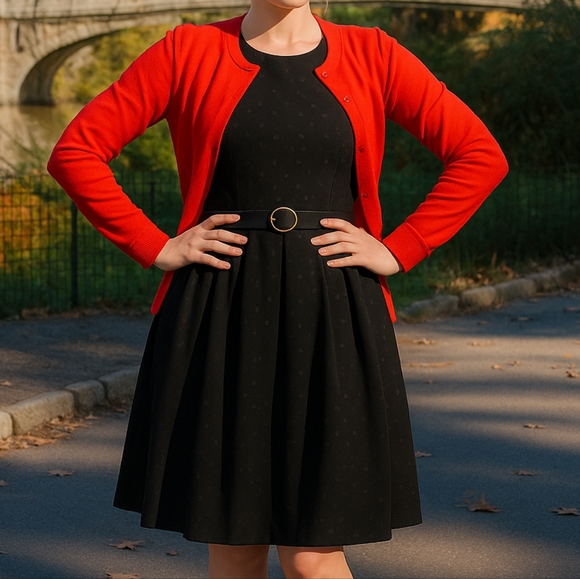 LuLaRoe Amelia Dress Black Polka Dot Fit & Flare Short Sleeve Pleated Skirt - Picture 1 of 11